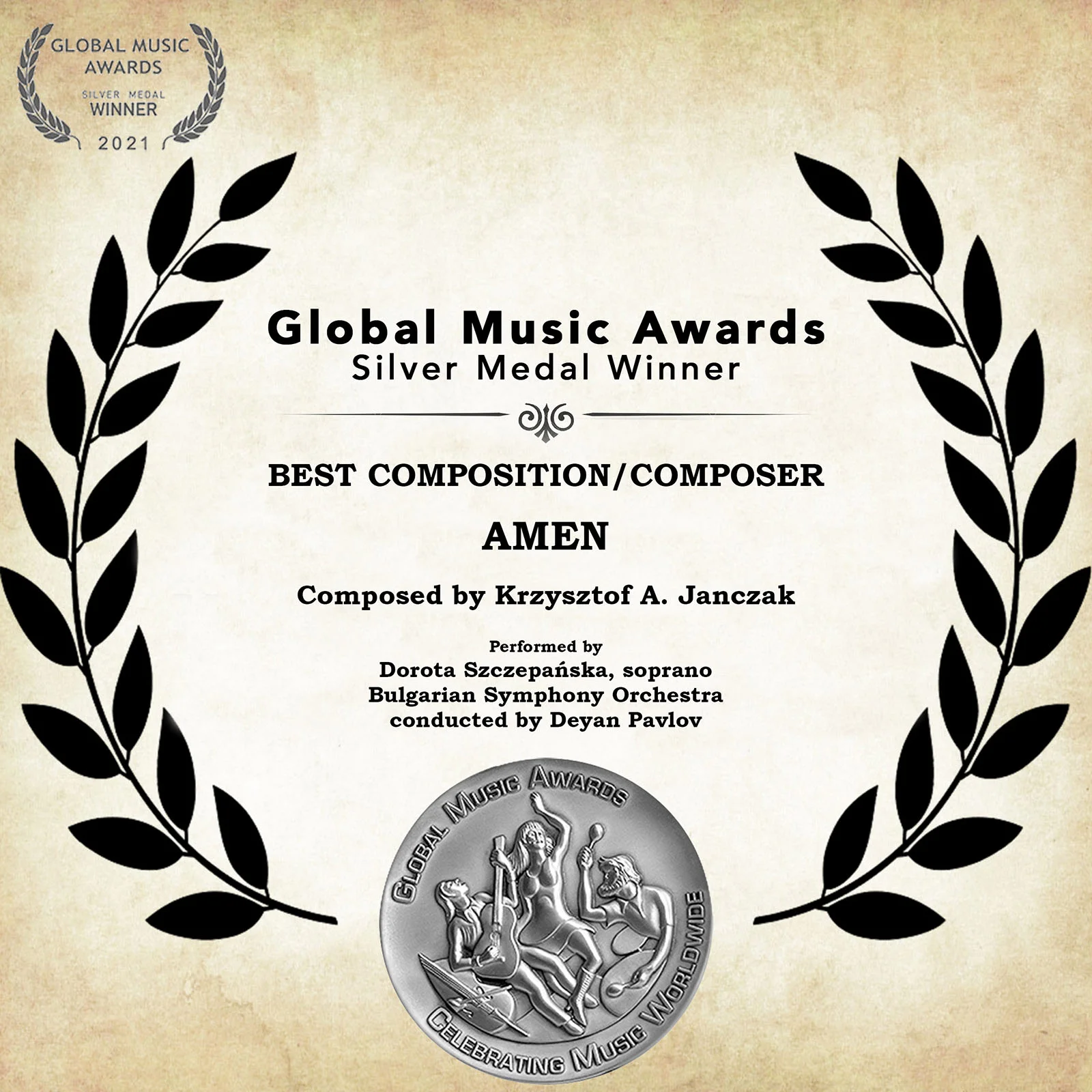 Global Music Awards Silver Medal certificate for Amen