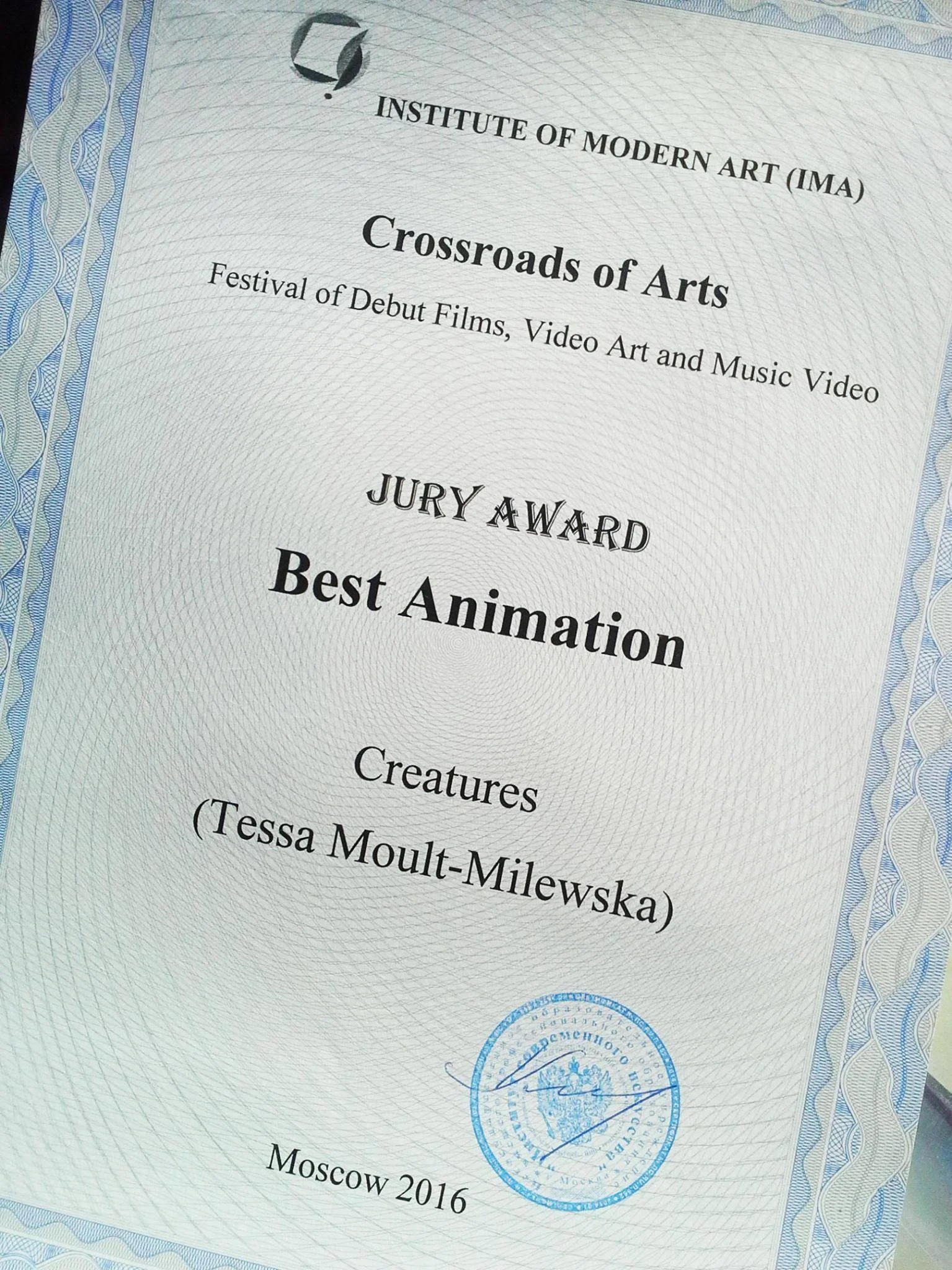 Institute of Modern Art Jury Award certificate for Creatures