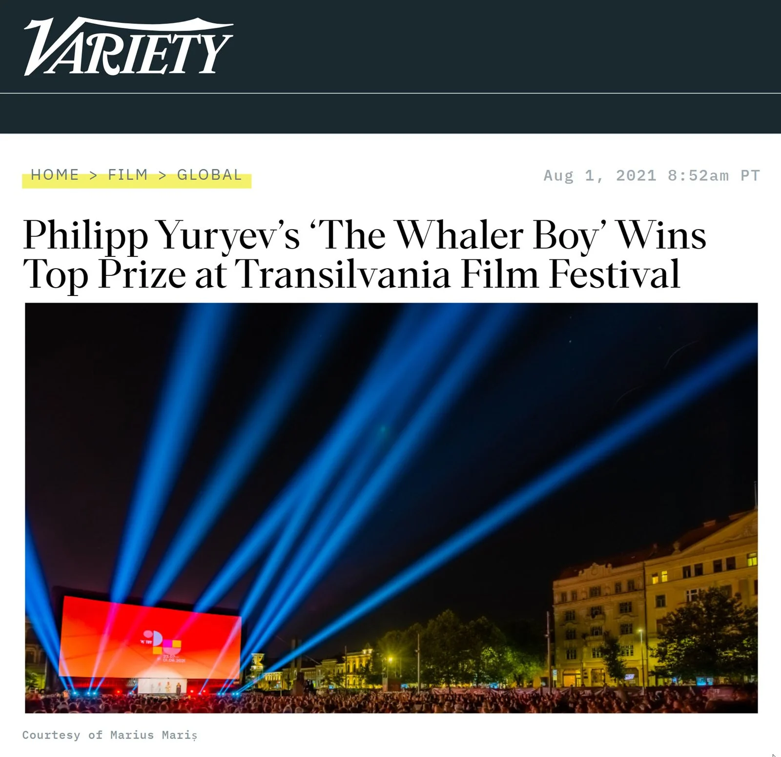 Variety article: The Whaler Boy wins top prize at Transilvania Film Festival