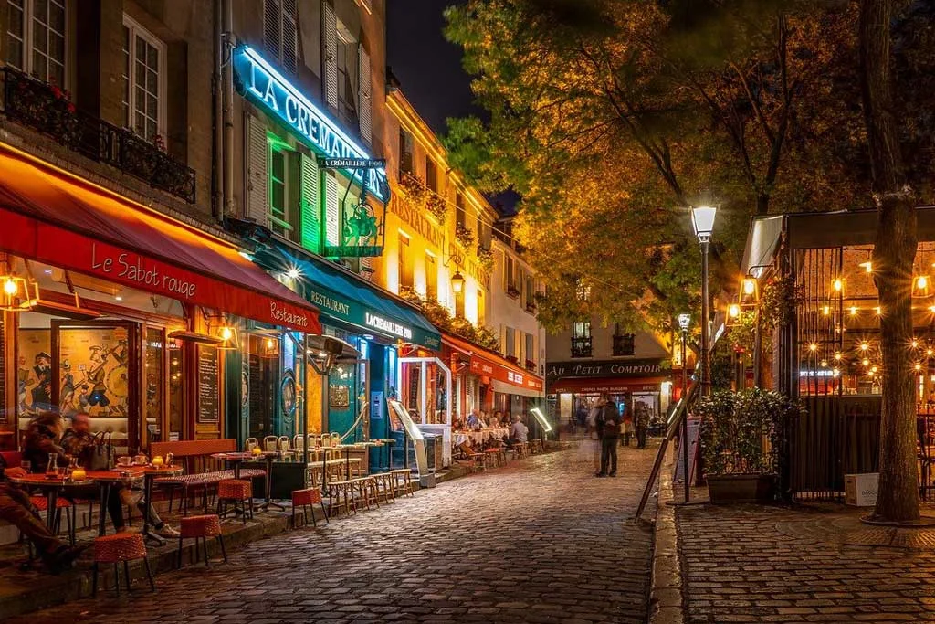 A Paris street at night near Montmartre