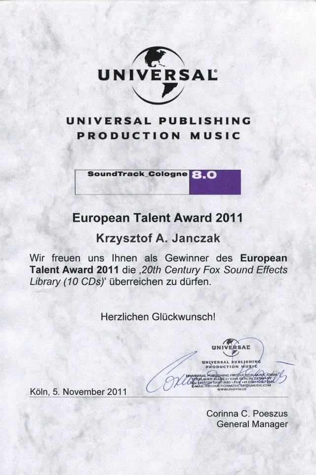 European Talent Award 2011 certificate