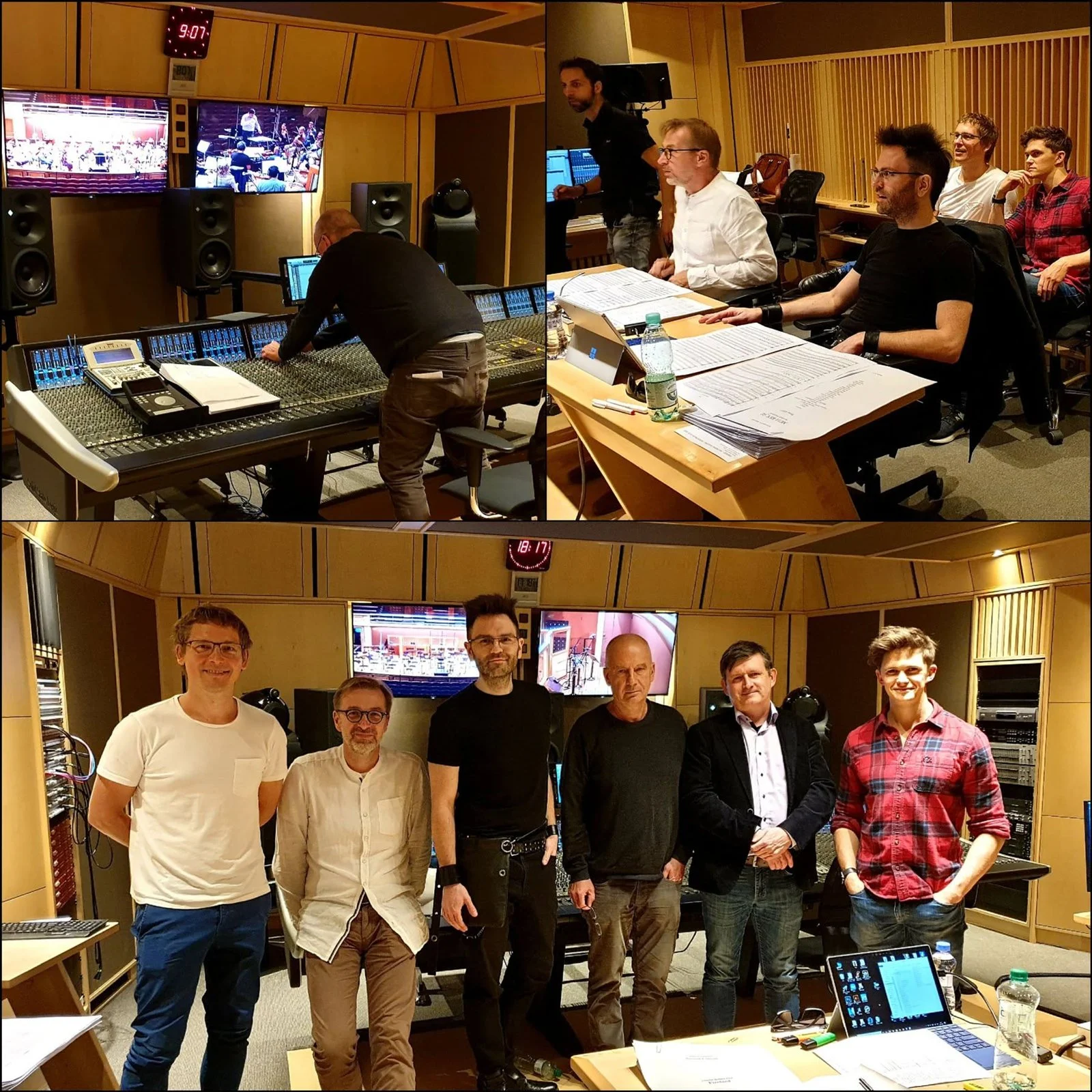 Krzysztof A. Janczak recording sessions — mixing desk, scoring meeting and studio group