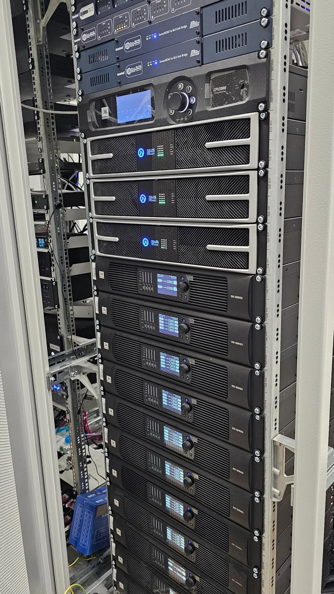 Amplifier and audio-network racks driving the installation