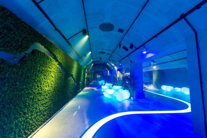 Blue-lit corridor with a moss wall and illuminated seating